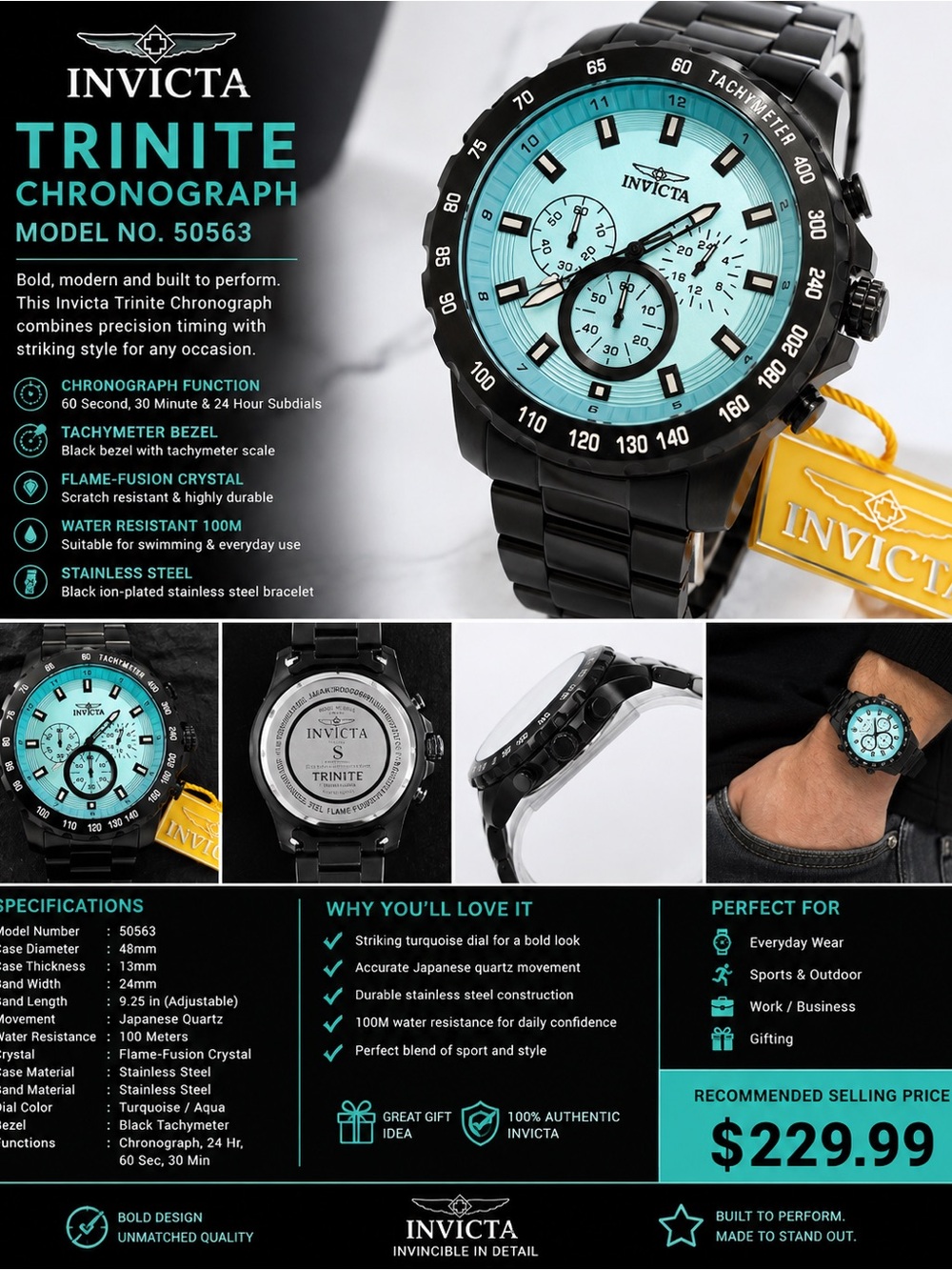 Invicta Trinite Chronograph Men's Watch - Turquoise/Black
